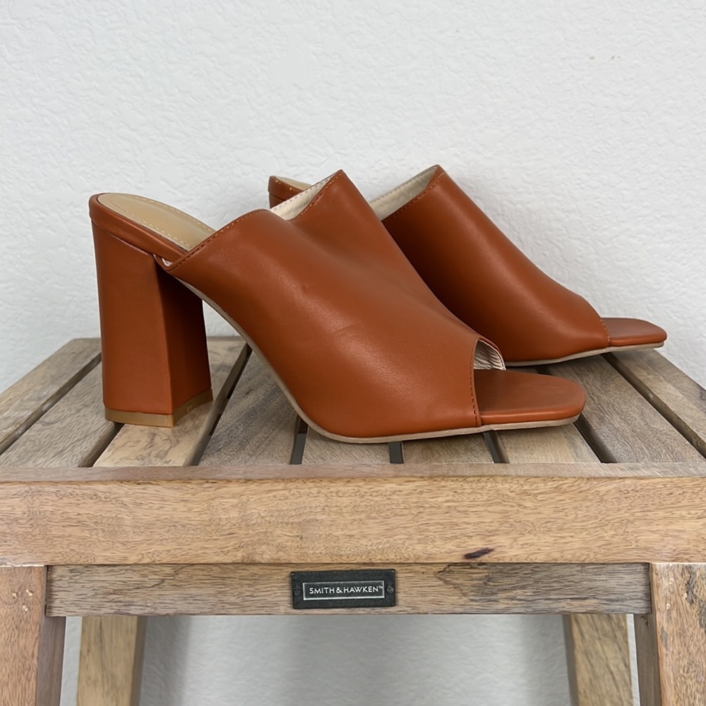 Vintage Slip On Peep Toe Block Heel Womens Shoe 9.5 Orange Brown Preowned - Picture 3 of 9